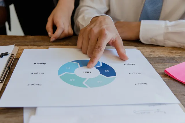 Close-up of hands pointing to a circular business strategy plan on paper. Bureauvalg: find et egnet marketingbureau med en kravspecifikation